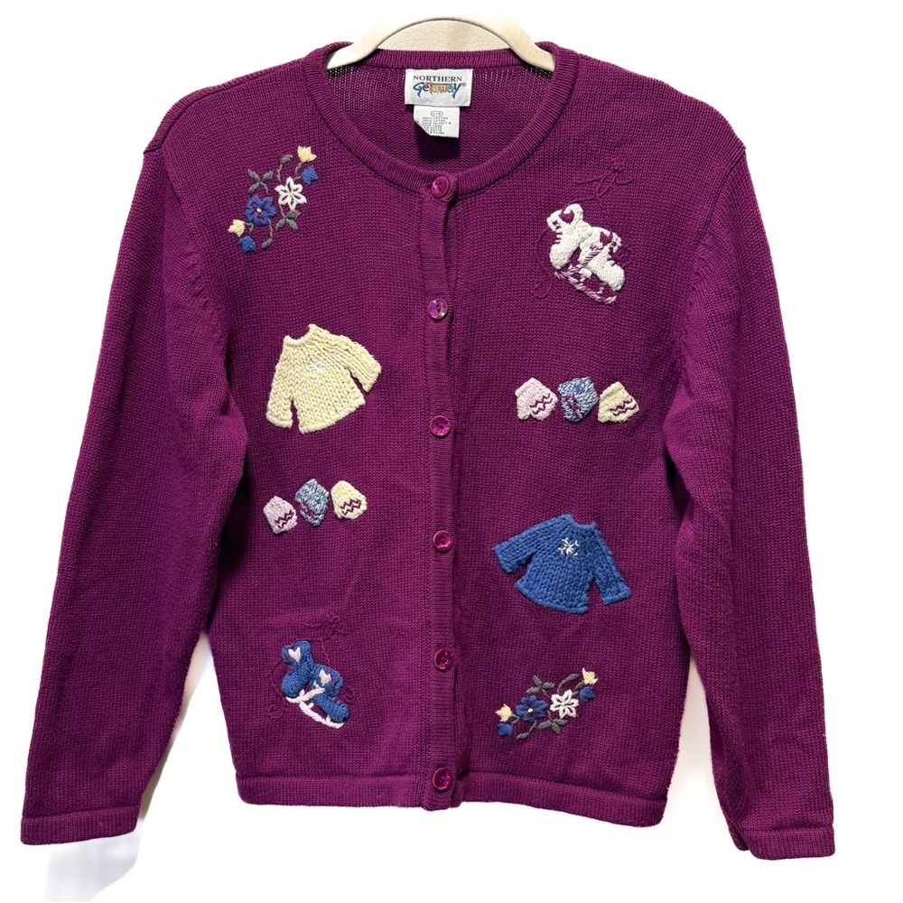 Vintage Northern Getaway Purple 100% Cotton Embroidered Cardigan L - Picture 2 of 7